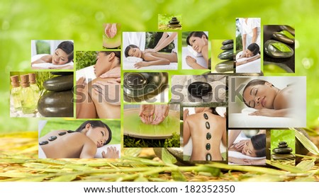 Montage of beautiful Asian & African American, interracial women, woman relaxing at a spa, enjoying massages and different hot stone treatments.