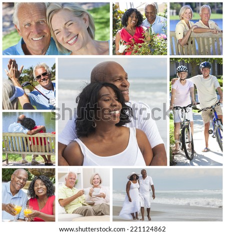 Montage of happy interracial old senior man woman couples enjoying an active retirement lifestyle walking on the beach, gardening, playing golf and cycling.