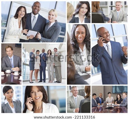 Montage of a successful team of interracial business men & women businessmen, businesswomen on cell phone, using laptop and tablet computers, in meetings making deals.