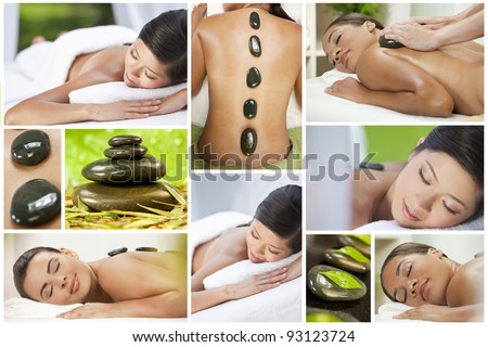 Montage of health spa products and beautiful young asian chinese and african american girl being pampered with luxury massage treatment and hot stones