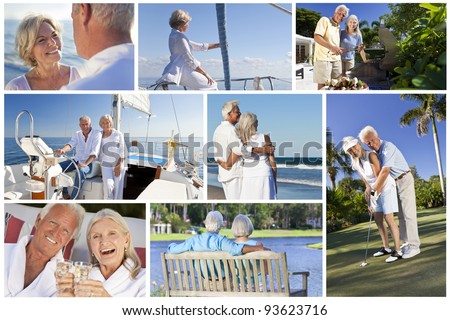 Montage of healthy lifestyle senior retired people and couples sailing, drinking, eating & playing golf