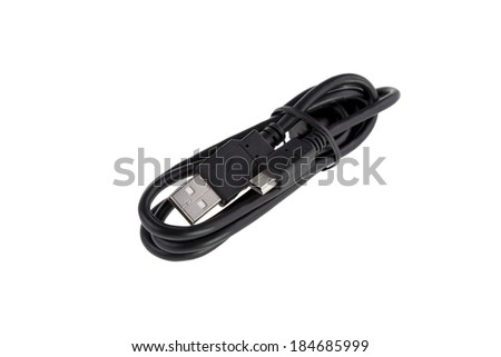 usb cable with mini-usb laying on a white background - Stock Image