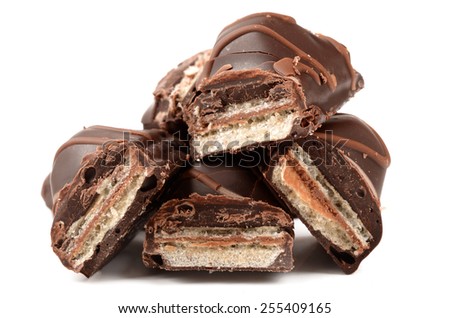 chocolate bars covered wafer on white background