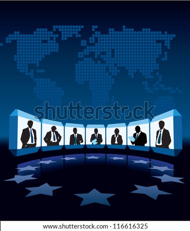 Group businesspeople having video-conference, a large world map in the background