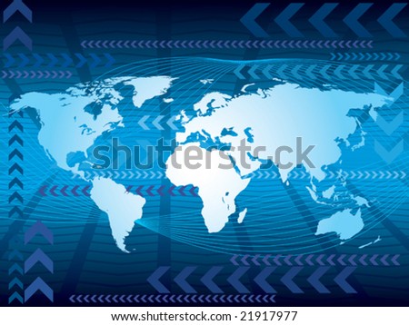 Large blue world map on an abstract background, conceptual business illustration. The base map is from Central Intelligence Agency Web site.