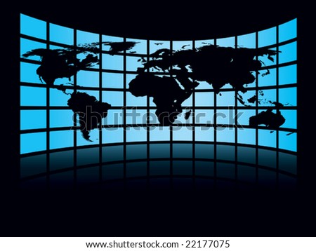 World map in a large display on a dark background, conceptual business illustration. The base map is from Central Intelligence Agency Web site.