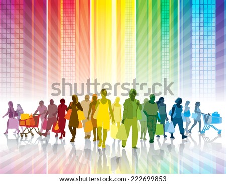 Crowd of shopping people in a colorful city