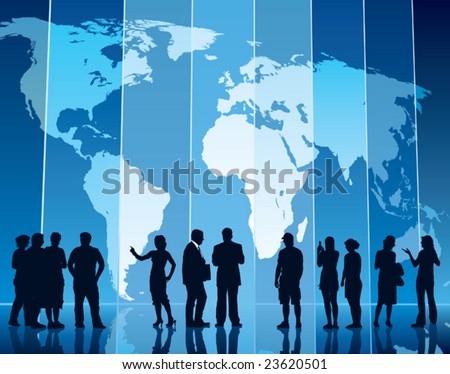 People are standing in front of a large map, conceptual business illustration. The base map is from Central Intelligence Agency Web site.