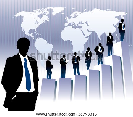 Successful people are standing on a large graph, world map in the background. The base map is from Central Intelligence Agency Web site.