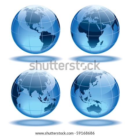 Four globes showing earth with all continents.