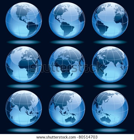 Set of nine globes showing earth with all continents.