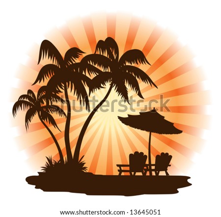 Summer landscape: sunset, palm, chairs and umbrella