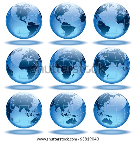 Set Of Nine Globes Showing Earth With All Continents. Stock Vector ...