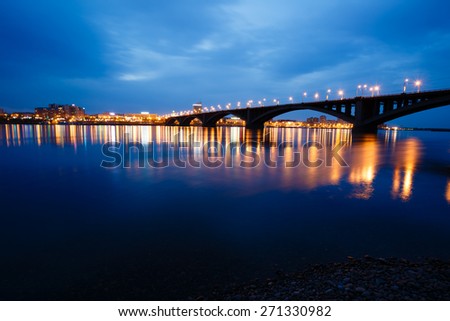 Krasnoyarsk, Russia - May 9, 2014: decline, river Yenisei, municipal bridge view of the city