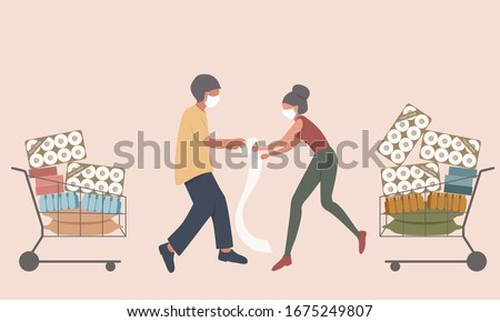 Shopper male and female fight for the toilet paper and hoarding food to prepare for the worst in virus spreads ストックフォト © 