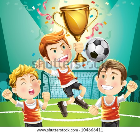 Children Soccer Champion With Winners Trophy Sporting. Cartoon ...