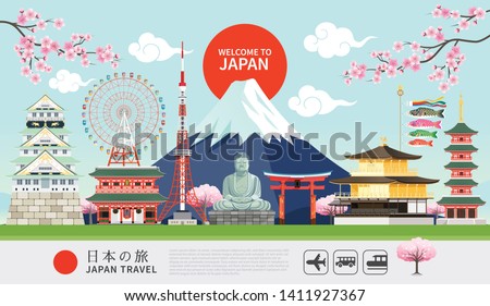 Japan famous landmarks travel banner with tokyo tower, fuji mountain, shrine, castle, great buddha, temple, ferris wheel, sakura blossom, and flying fish flags colorful flat style background. 
