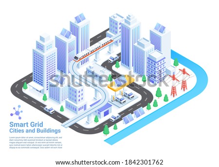 Smart grid cities and buildings isometric vector illustrations.