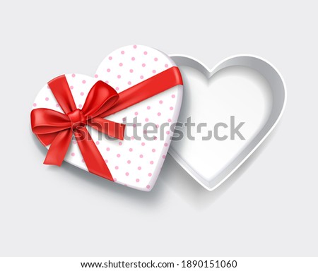 Empty open heart shaped white gift box with red ribbon. Vector illustrations.