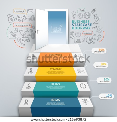 Business staircase doorway conceptual infographics. Vector illustration. Can be used for workflow layout, banner, number options, step up options, web design, diagram.