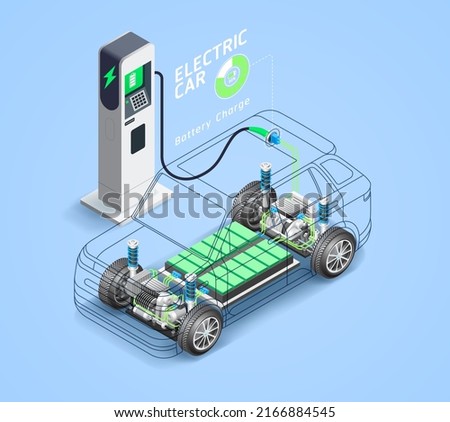 Electric car vehicle components isometric illustration.