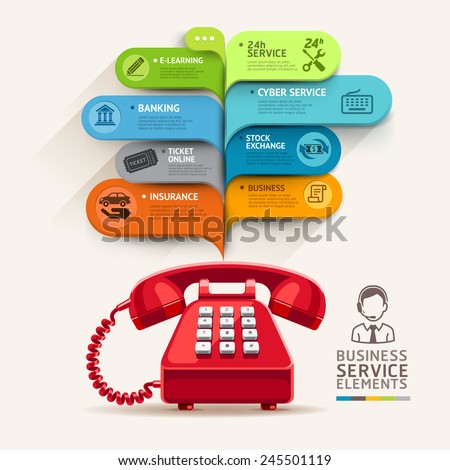 Business service icons and telephone with bubble speech template. can be used for workflow layout, diagram, number options, step up options, web design, banner template, infographics.