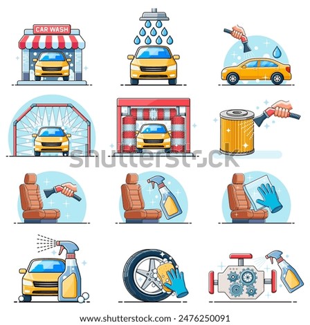 Car washing service color icon set