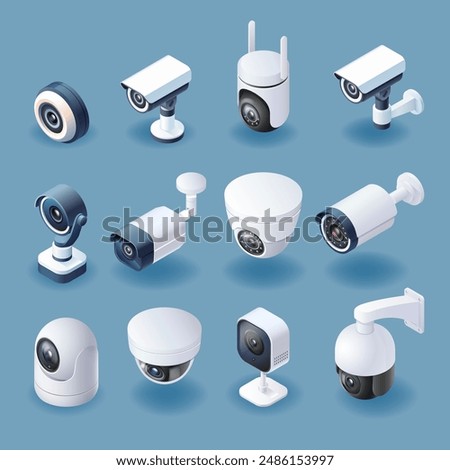 CCTV and security camera isometric color icon set