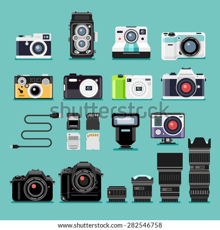 Set of camera flat icons. Vector illustration.