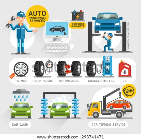 Auto Maintenance Services icons. Vector illustration.