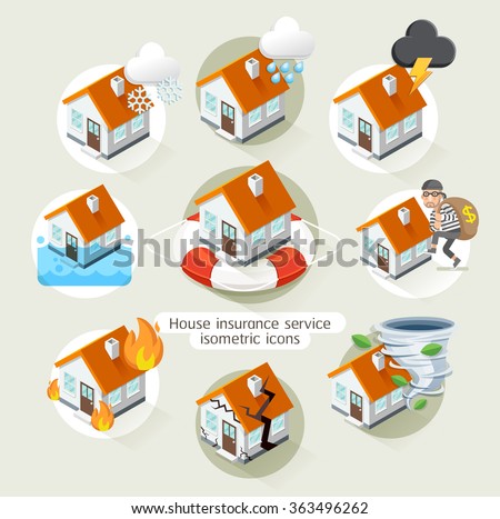House insurance business service isometric icons template. Vector illustration. Can be used for workflow layout, banner, diagram, number options, web design, timeline, infographics.