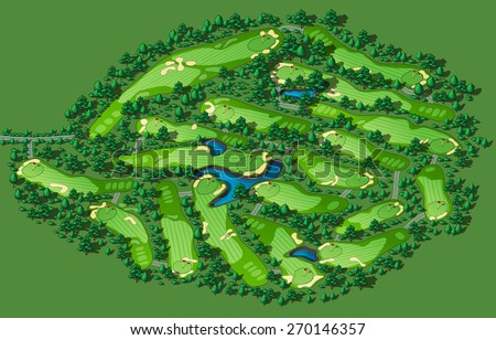 Golf course map. Resort layout with flags trees plants water hazards. Vector map isometric illustration
