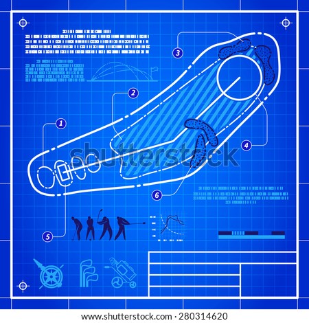 Golf course layout. Abstract design stylized blueprint technical drawing. White symbol on blue grid background