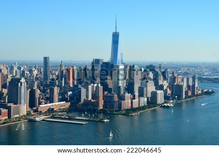 Cityscape view of Lower Manhattan as seen from helicopter, New York City, USA.