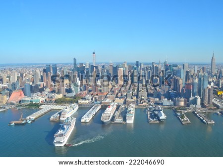 Cityscape view of Manhattan as seen from helicopter, New York City, USA.