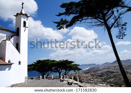 View of Vila Baleira and Porto Santo bay as seen from Chapel of Senhora da Graca (Our Lady of Grace) at Porto Santo island. Madeira, Portugal.