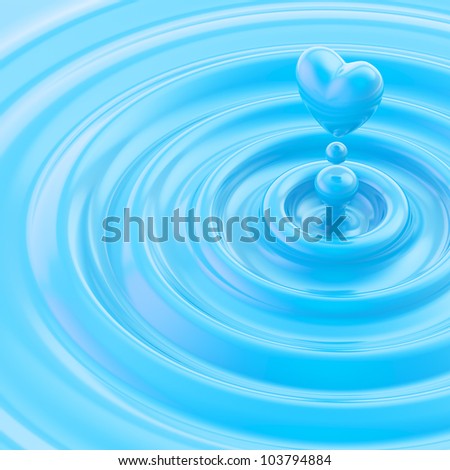 Heart shaped glossy liquid drop in a blue waves background