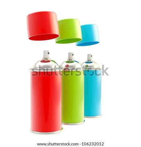 RGB colored spray oil color cylinders with caps above isolated on white