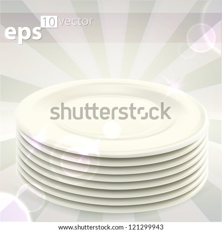 Pile stack of clean white ceramic empty copyspace food dishes, eps10 vector