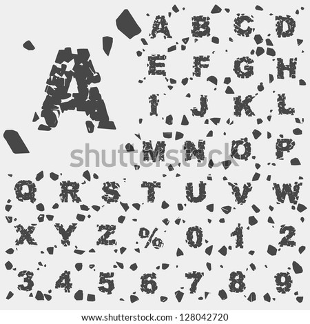 Grunge alphabet type font set, vector collection of broken into pieces letters