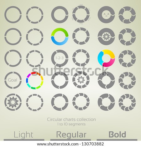 Round graph circular charts, set of thirty design templates, from one to ten arrow shaped segments in three variations of thickness