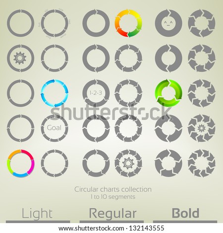 Round graph circular charts, set of thirty design templates, from one to ten arrow shaped segments in three variations of thickness