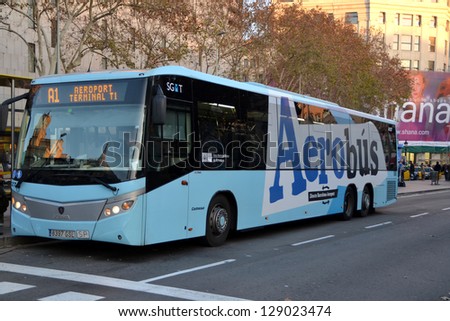 BARCELONA, SPAIN - DECEMBER 29: Airport Aerobus in Barcelona, Spain on December 29, 2012. Barcelona airport express bus service connects the airport to the city center every day of the year.