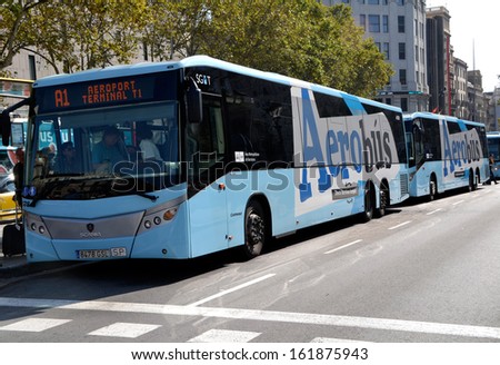 BARCELONA, SPAIN - OCTOBER 10: Airport Aerobus in Barcelona, Spain on October 10, 2013. Barcelona airport express bus service connects the airport to the city center every day of the year.