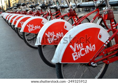 BARCELONA, SPAIN - DECEMBER 28: Some bicycles of the bicing service in Barcelona, Spain on December 28, 2014. With the bicing sharing service people can rent bicycles for short trips.