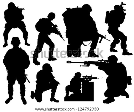 The Modern Soldier In Combat Positions Stock Vector Illustration ...