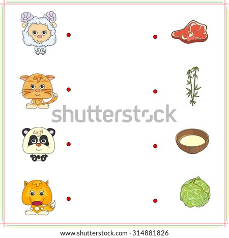 Lamb, kitten, panda and fox with their food (meat, milk, bamboo and cabbage). Game for children: make the right choice and connect the dots