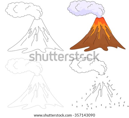 Cartoon erupting volcano. Dot to dot educational game for kids. Vector illustration