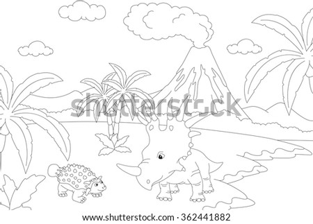 Funny cute tyrannosaurus on the background of a prehistoric nature. Educational game for kids. Coloring book. Vector illustration