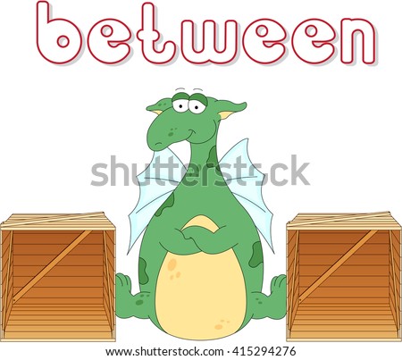 Cartoon dragon stands between two boxes. English grammar in pictures for students, pupils and preschoolers